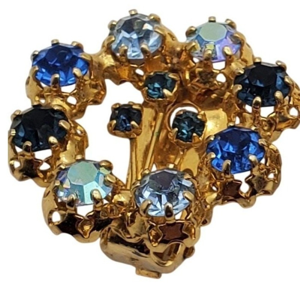 AB Crystal Clip Earrings Multi Blue Rhinestones Gold Tone Round Button Austrian